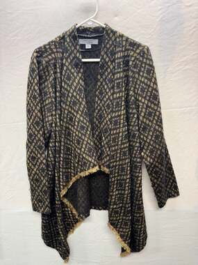 Ruff Hewn Grey Black Gold Diamond Pattern Open Front Shawl Cardigan Sweater Size